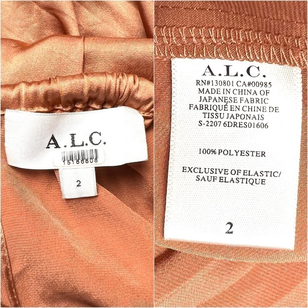 ALC Copper Satin Pleated Sleeveless Halter Smocked Waist Asymmetrical Hem Gown 2 - Picture 14 of 16